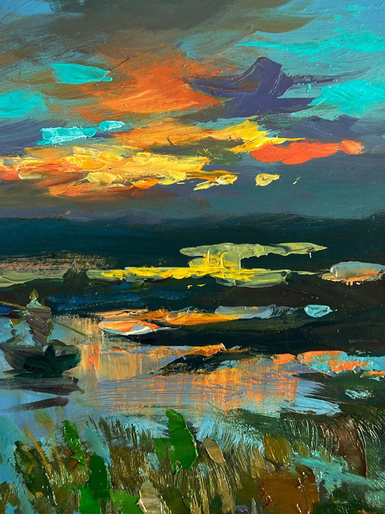 Impressionistisches Landschafts-Ölgemälde mit Boot und Sonnenuntergangsfischen, Gemälde & Zeichnungen, Holz (Foto 10 von 11)