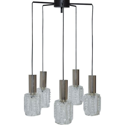 Chandelier, vintage waterfall, 5 chrome and glass suspensions