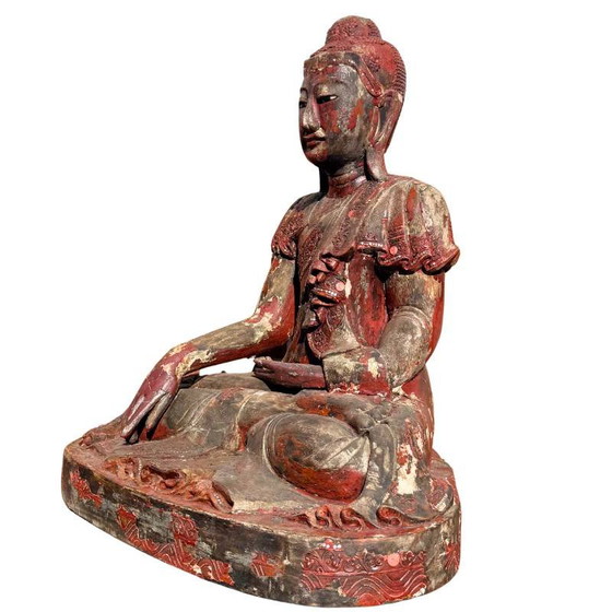 Antique Wooden Buddha Statue from Burma - Large Mandalay Buddha with Mirror Inlay – Sculpture (photo 18 of 18)