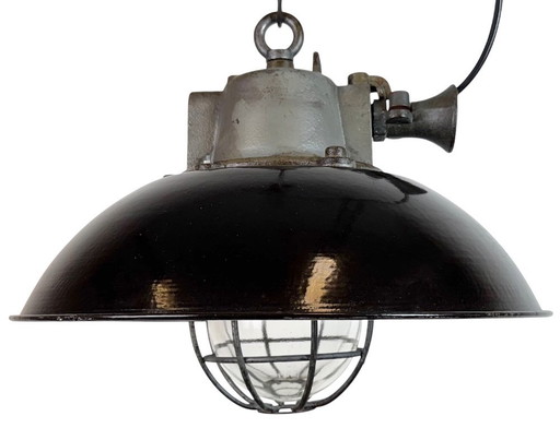 Industriële kooilamp van zwart emaille en gietijzer, jaren 60