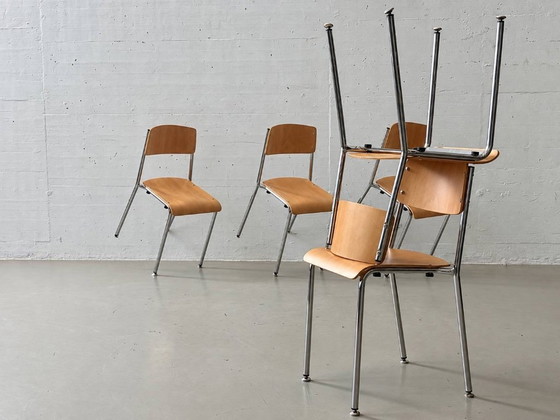 5 Stackable Chrome Steel Chairs, 1990s – Side chairs, Wood (photo 12 of 12)