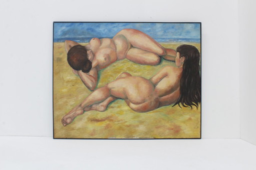 Dipinto d'epoca di grandi dimensioni, olio su tela - Due figure sdraiate