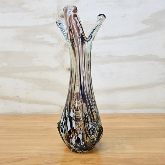 Image 1 of Vintage organic Murano glass vase, amber/white speckled Finger vase (pulled vase)
