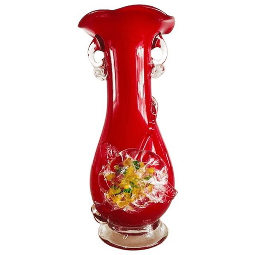 Vaso vintage in vetro rosso soffiato a mano di Murano, anni '70