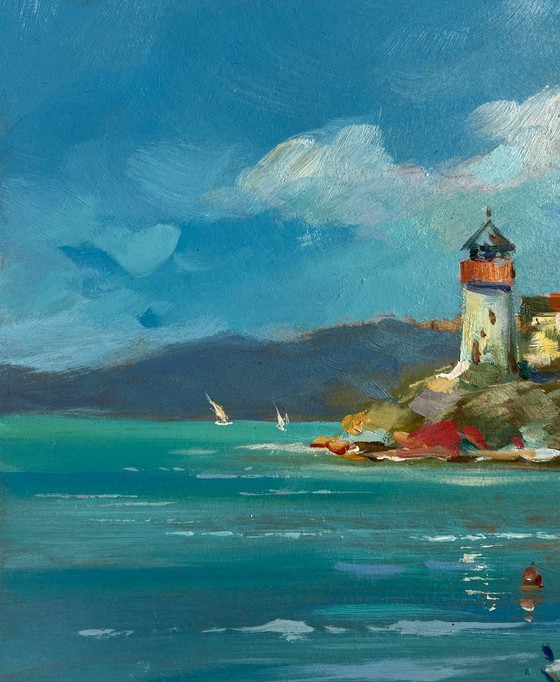 Image 1 of Original Oil Painting Summer Coastal Landscape Boats and lighthouse