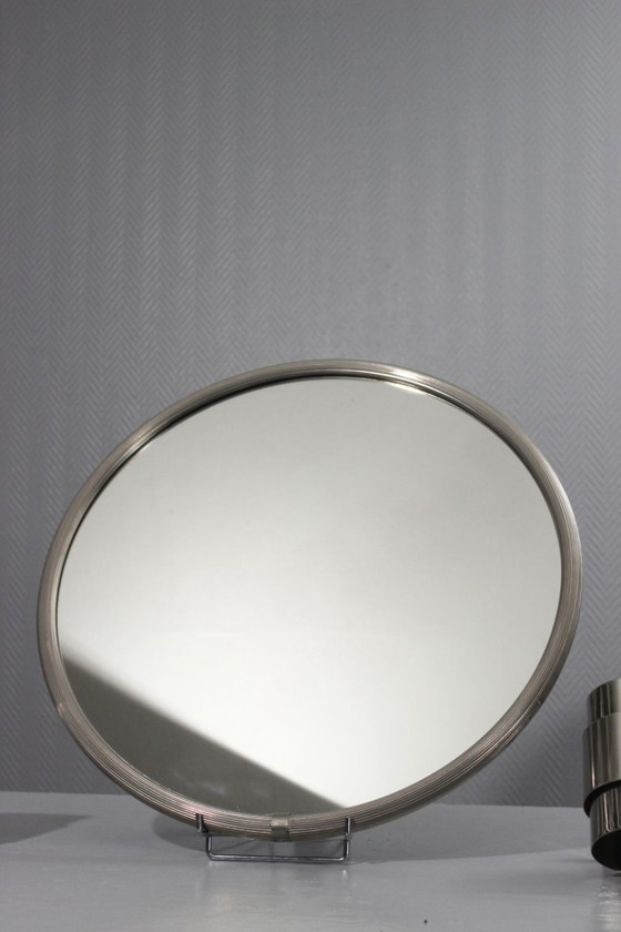 Image 1 of Vintage modernistische Art Deco spiegel en wandlampen, vernikkeld staal, jaren 1950