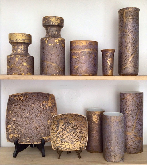 Rosenthal, Dressler 'Goldfeuer' vases, lidded box, candlesticks, bowls