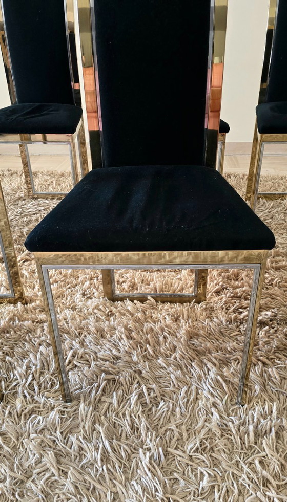 Set aus 8 Esszimmerstühlen aus Messing, Chrom und schwarzem Samt, Maison Roméo, um 1970 – Textile (photo 7 of 14)