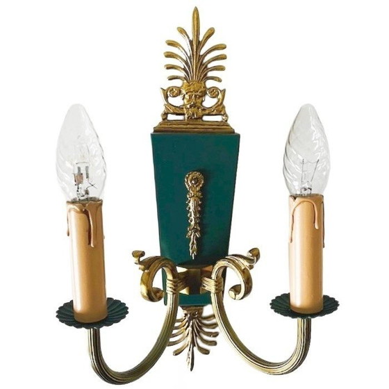 Image 1 of Lampada da parete vintage in stile impero di metà secolo Lucien Gau, in ottone barocco verde, anni '60