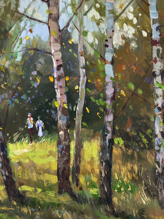 Image 1 of Peinture à l'huile originale, paysage naturel, prairie, promenade parmi les bouleaux