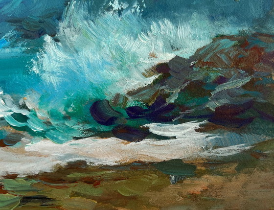 Image 1 of Origineel olieverfschilderij: Zee- en rotslandschap, zeegolven die tegen de rotsen slaan.