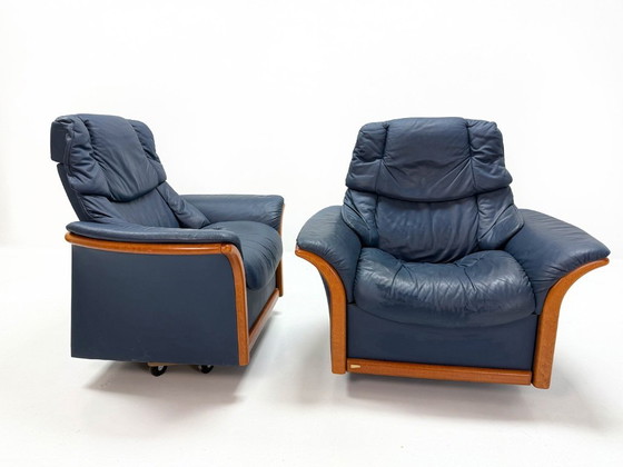 Image 1 of Ekornes Stressless – Paar verstellbare Drehsessel – Blaues Leder & Buche