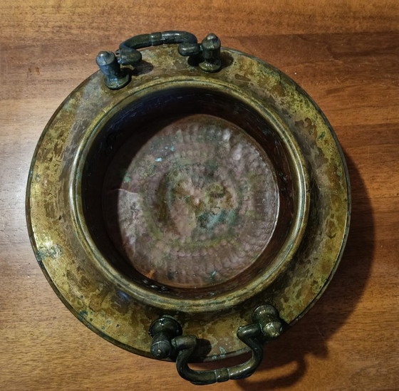 Image 1 of Antieke koperen en messing tafelbrander uit het einde van de 19e eeuw.