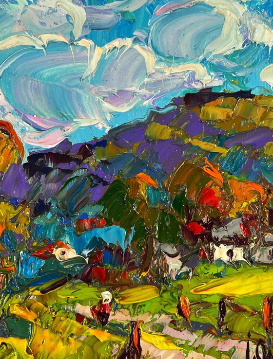 Image 1 of Original Oil Painting Nature Landscape A Village at the Foot of the Mountains