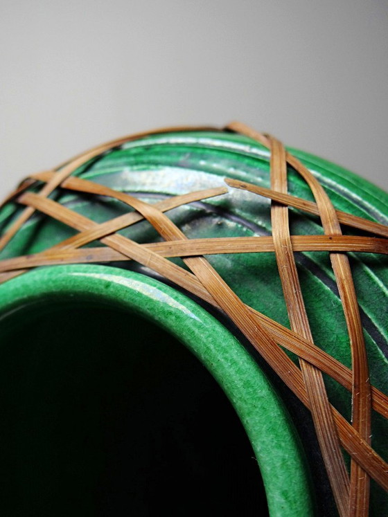 Image 1 of Antique Japanese green ceramic vase with Awaji Yaki bamboo lacing, 1900-1930