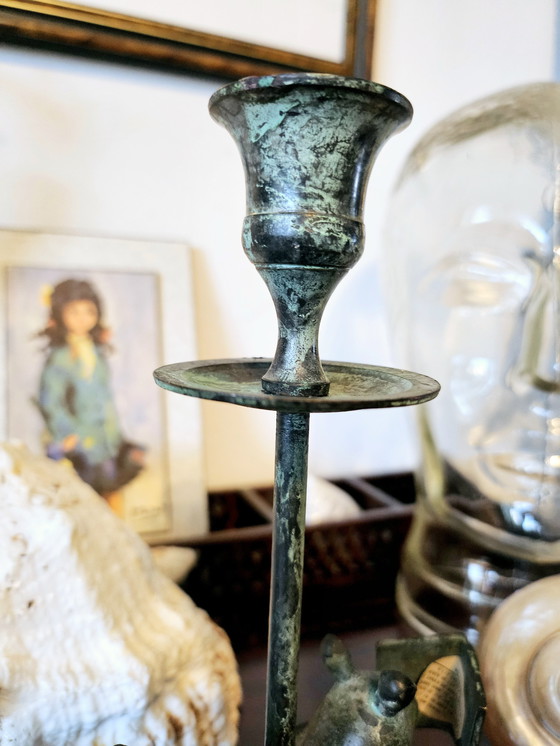 Image 1 of Bougeoir vintage en bronze patiné vert
