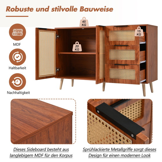 Image 1 of Urban Meuble vintage dressoir van rotan in walnoot houtlook met 2 deuren en 3 lades met zwarte handgrepen 120*38*78cm CRI