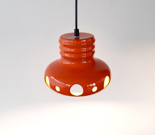 Oranje keramieken aardewerken vintage hanglamp, West Germany fat lava stijl, space age lamp