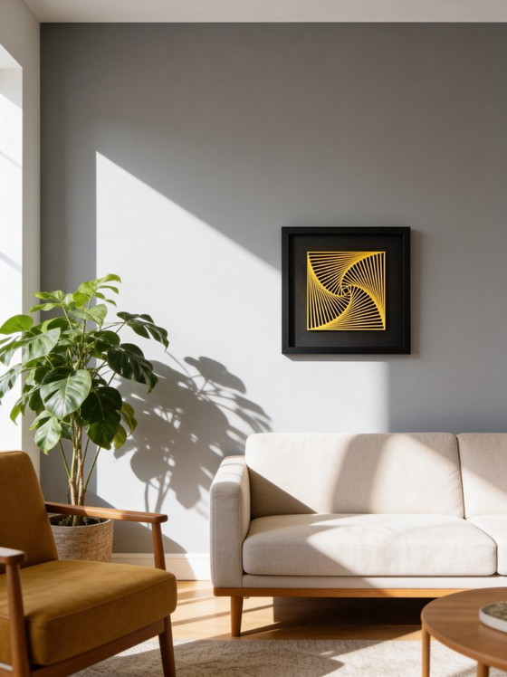 Image 1 of 3D-geprinte gele spiraalvormige wanddecoratie – geometrisch ingelijst kunstwerk, PLA-sculptuur