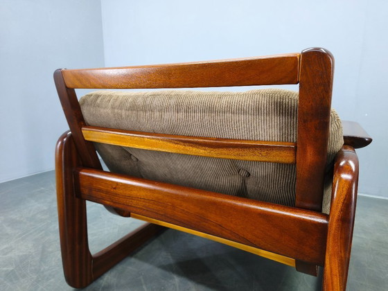 Image 1 of Twee Scandinavische loungestoelen uit de jaren 70, gemaakt van hout met corduroy bekleding.
