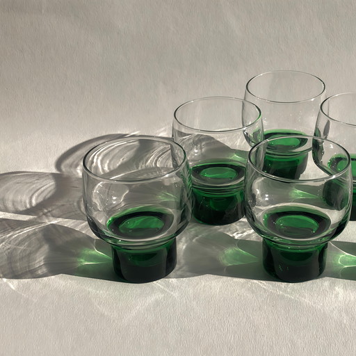 Set of 5 Crystal Vintage Luminarc Liqueur Glasses with Solid Emerald Base