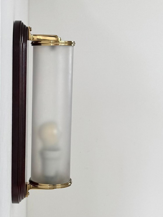 Image 1 of Vintage wandlamp van hout, glas en messing, Frankrijk, 1980