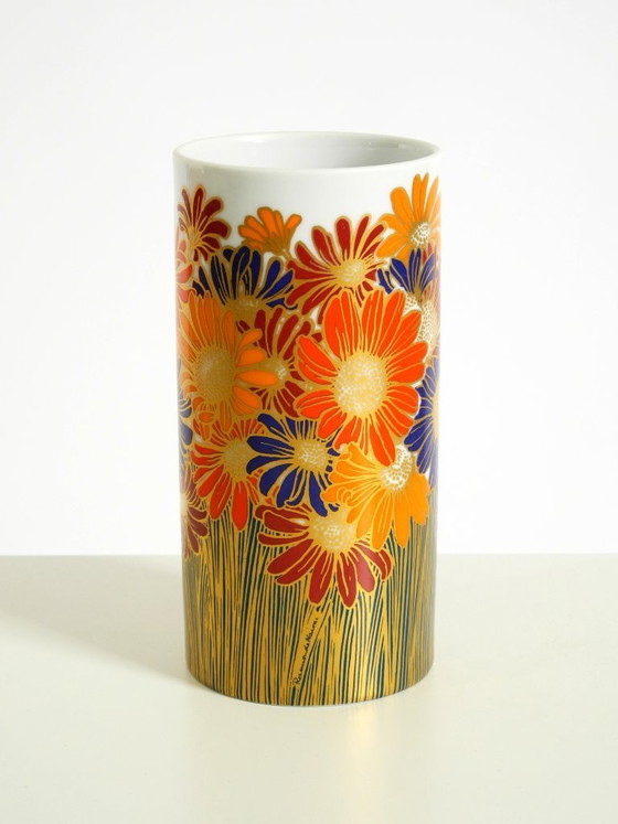 Image 1 of Beautiful 1980s porcelain vase by Rosemonde Nairac for Rosenthal Studio-Linie, featuring colorful daisies