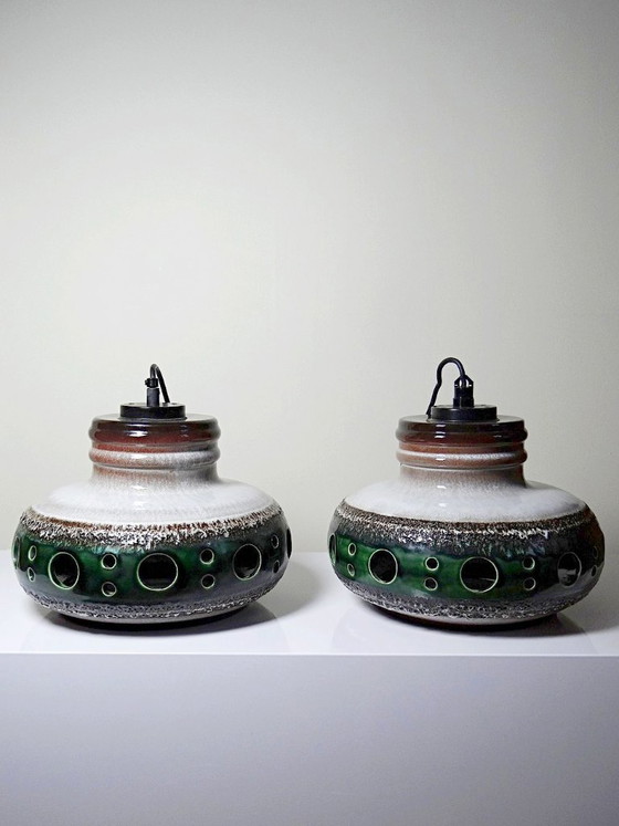 Paar Große Herda Emaillierte Keramik Pendelleuchten, 1970er Jahre – Ceramic (photo 3 of 13)