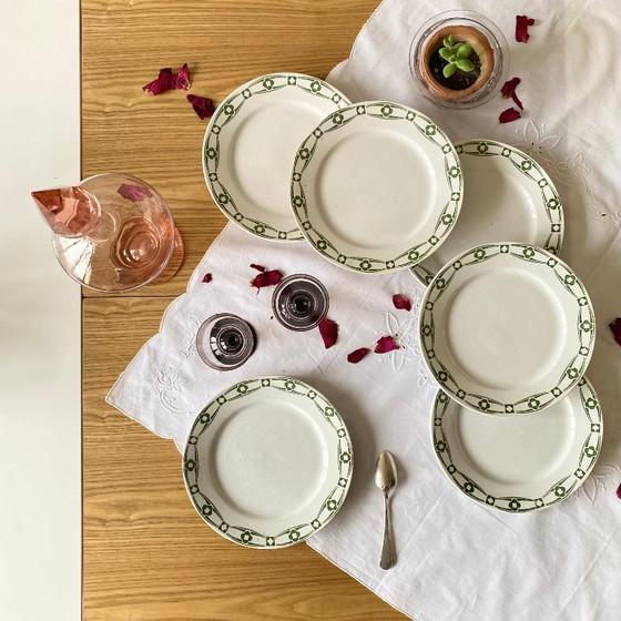 Image 1 of Set of 6 dessert plates, Creil and Montereau Labrador pattern, Annecy green, ironstone.