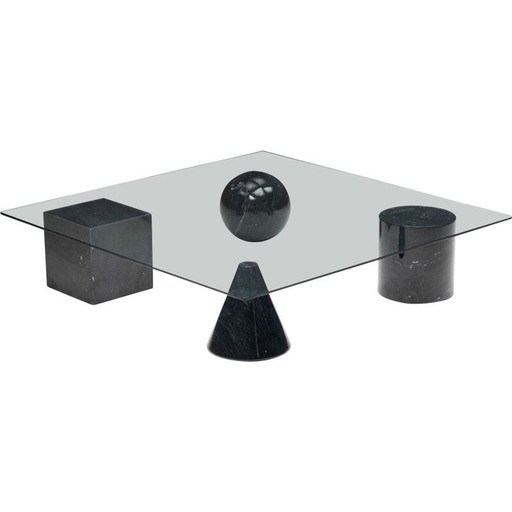 Mesa de centro vintage con cuatro patas de mármol negro y tapa de cristal grueso, 1970