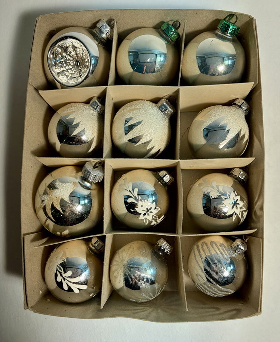 Image 1 of 12x zilveren glazen vintage kerstballen 