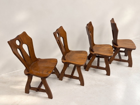 Set van 4 Vintage Brutalistische Massief Houten Eetkamerstoelen - Mid-Century Design, Bruin (foto 4 van 5)