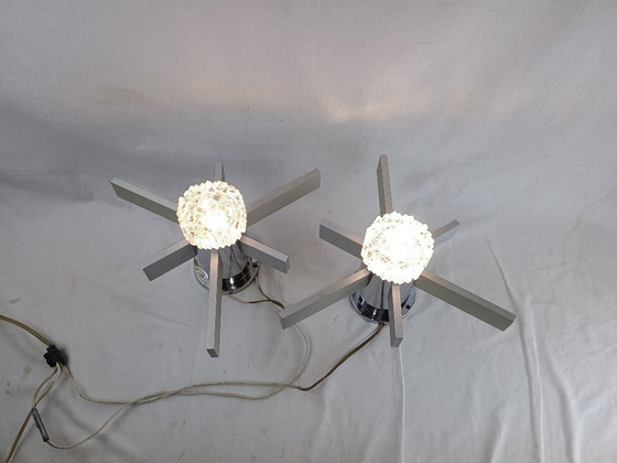 Image 1 of Pair Mid Century Italian Chrome & Glass Wall Sconces 1960s Space Age Sciolari