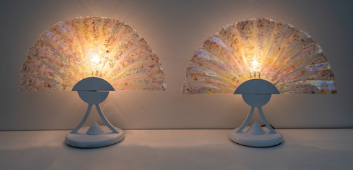 Pair of Postmodern Italian Iridescent Murano Glass Fan Table Lamps, 1980s