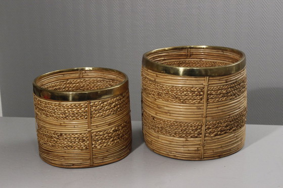 Image 1 of Coppia di grandi fioriere vintage in rattan e ottone disegnate da Gabriella Crespi negli anni '60