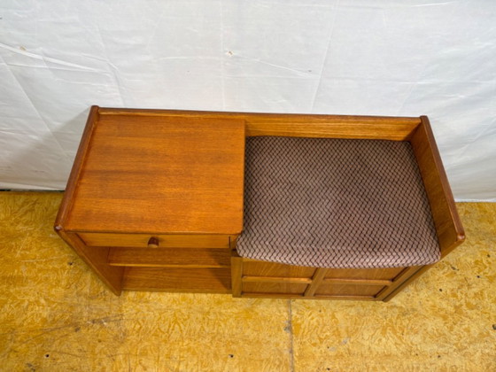 Image 1 of Mid-century retro vintage teak telephone seat by Nathan 1960–1970.    Stylish utility|iconic british design|functional storage