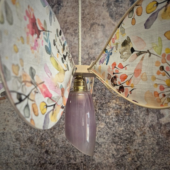 Image 1 of 12-petal propeller suspension in wicker and floral fabric with asymmetrical glass globe