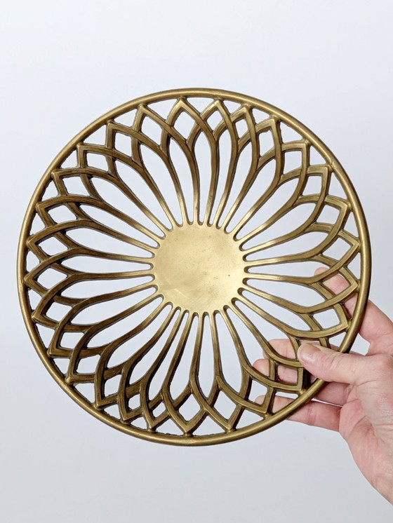 Image 1 of 1960s Midcentury Openwork Floral Decorative Bowl, Heavy Solid Brass Centerpiece