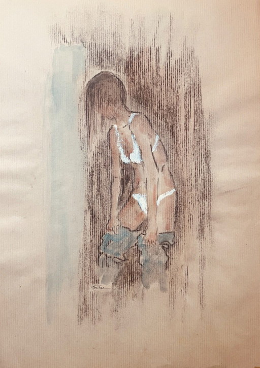 Preparatory sketch painting of a female portrait "fitting"