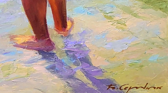 Image 1 of Original Oil Painting Natural Landscape River Happy Summer Childhood