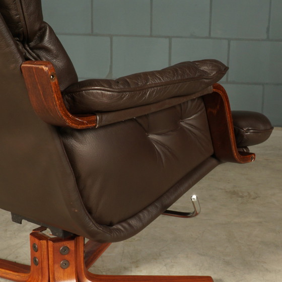 Image 1 of Fauteuil pivotant vintage en cuir - marron - années 1970