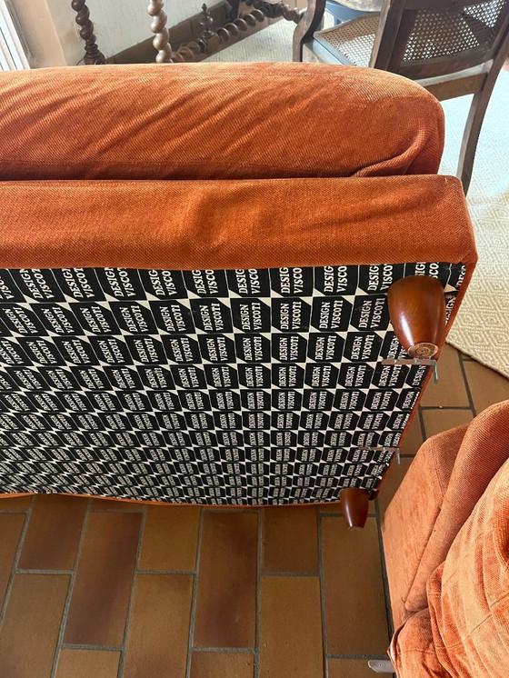 Image 1 of Viscoti vintage stoffen bank met chaise longue in roest/oranje