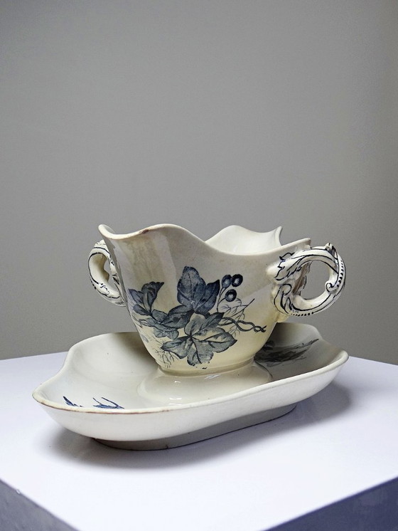 Image 1 of Antique Longwy earthenware gravy boat, late 19th-early 20th century