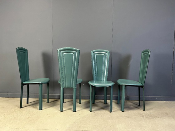 Image 1 of Sedie da pranzo vintage in pelle verde, anni '80 - set di 4