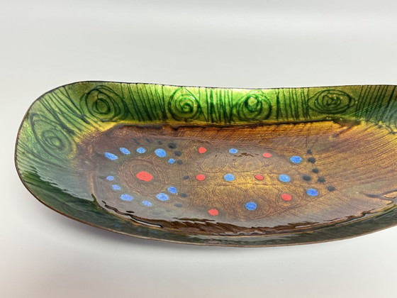 Image 1 of Large mid-century Italian Copper Bowl with Bright Enamel Decorations in warm and vibrant colors by Studio Laurana, Pesaro Italy
