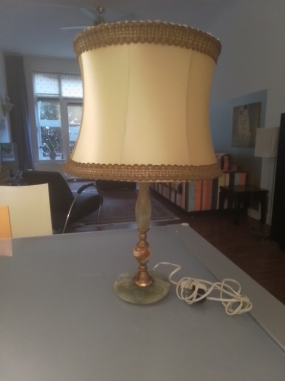 Table lamp with onyx and brass, cream shade, Stone, Green, Klassiek (photo 3 of 5)