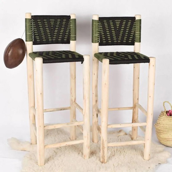 2 handgefertigte marokkanische grüne Hocker – Barhocker, Leder, Holz, Bohemian (photo 7 of 7)