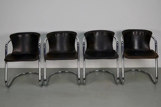 Image 1 of Set van vier bruine leren eetkamerstoelen, Willy Rizzo, jaren 1970