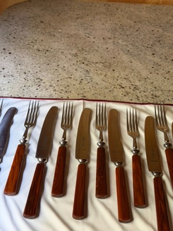 Vintage Carl Voos Solingen German Flatware Set - 12 Piece MCM Knife And Fork Set - Rostfrei Stainless Steel (photo 10 of 32)
