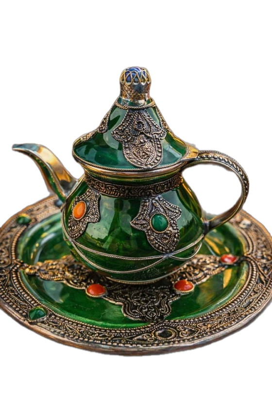 Image 1 of Authentic Moroccan Handcrafted Ceramic & Silver Teapot – Artisanal Collector's Piece